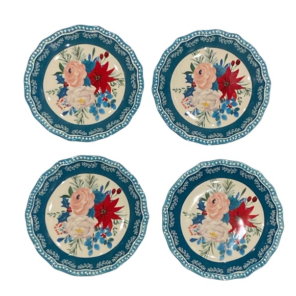 NEW 4 Pioneer Woman Wishful Winter Holiday Appetizer Plates Teal Rose Tree 6.5”